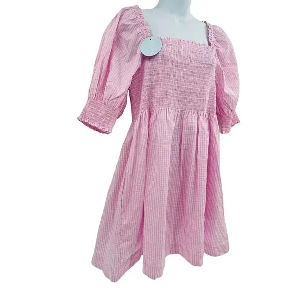 Hill House Athena Nap Dress Size XL Pink Gingham Puff Sleeve Square Neck - Picture 6 of 12